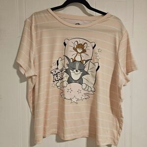 Tom and Jerry Womens XL T-Shirt Sleeping Short Sleeve Tee Pink White Soft NWT
